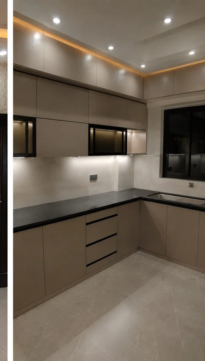 Handleless taupe fitted kitchen with a black stone worktop and under-cabinet lighting in Qatar